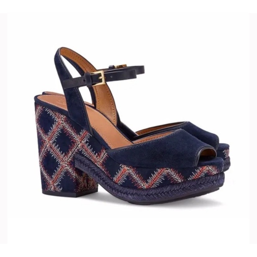 Tory Burch Trinity Platform Sandal 8.5 Blue Suede Embroidered Block Heel Boho
