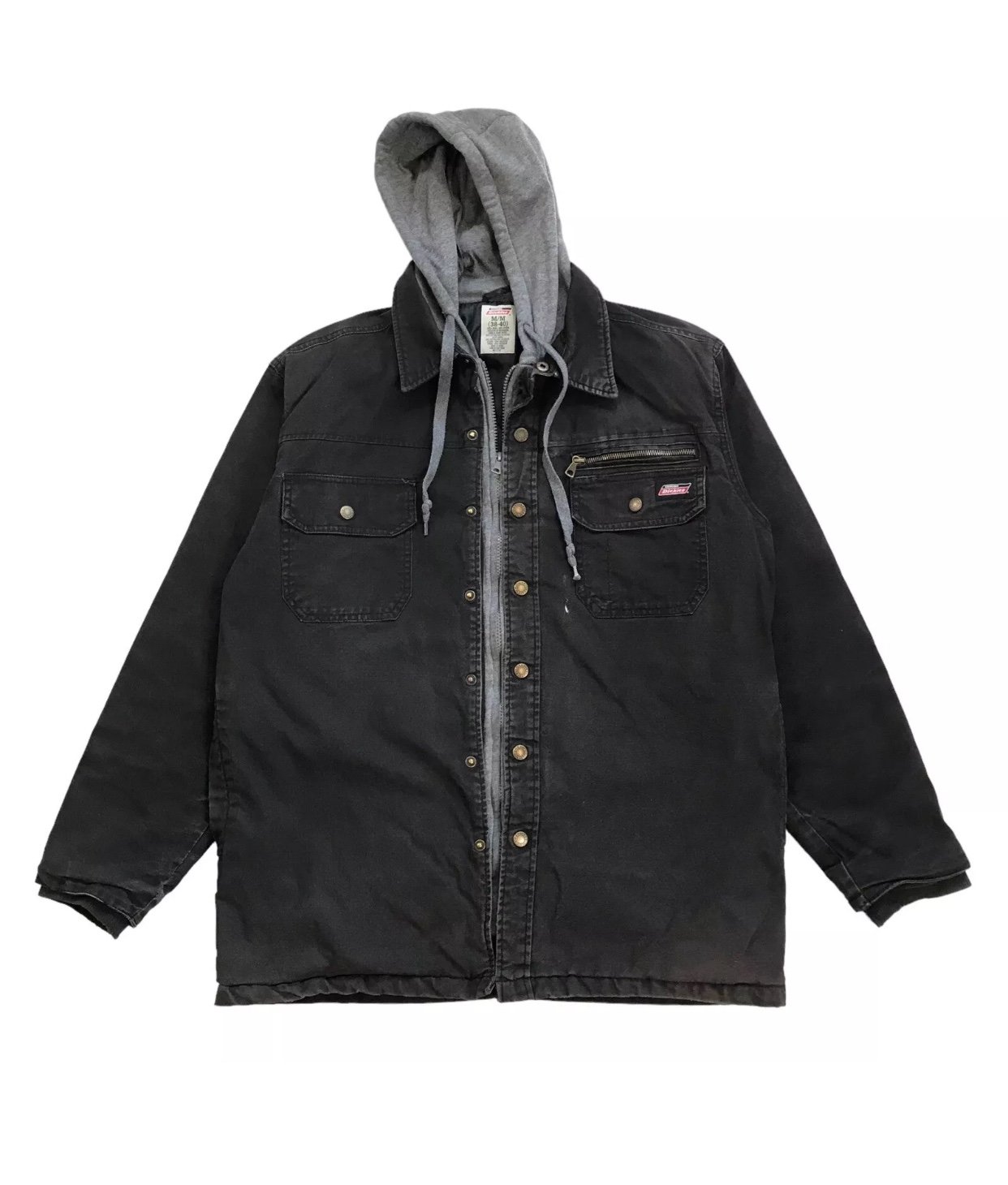 DICKIES QUILT JACKET HOODIE MEDIUM M MENS BLACK CANVAS DUCK SNAP ZIP UP VINTAGE