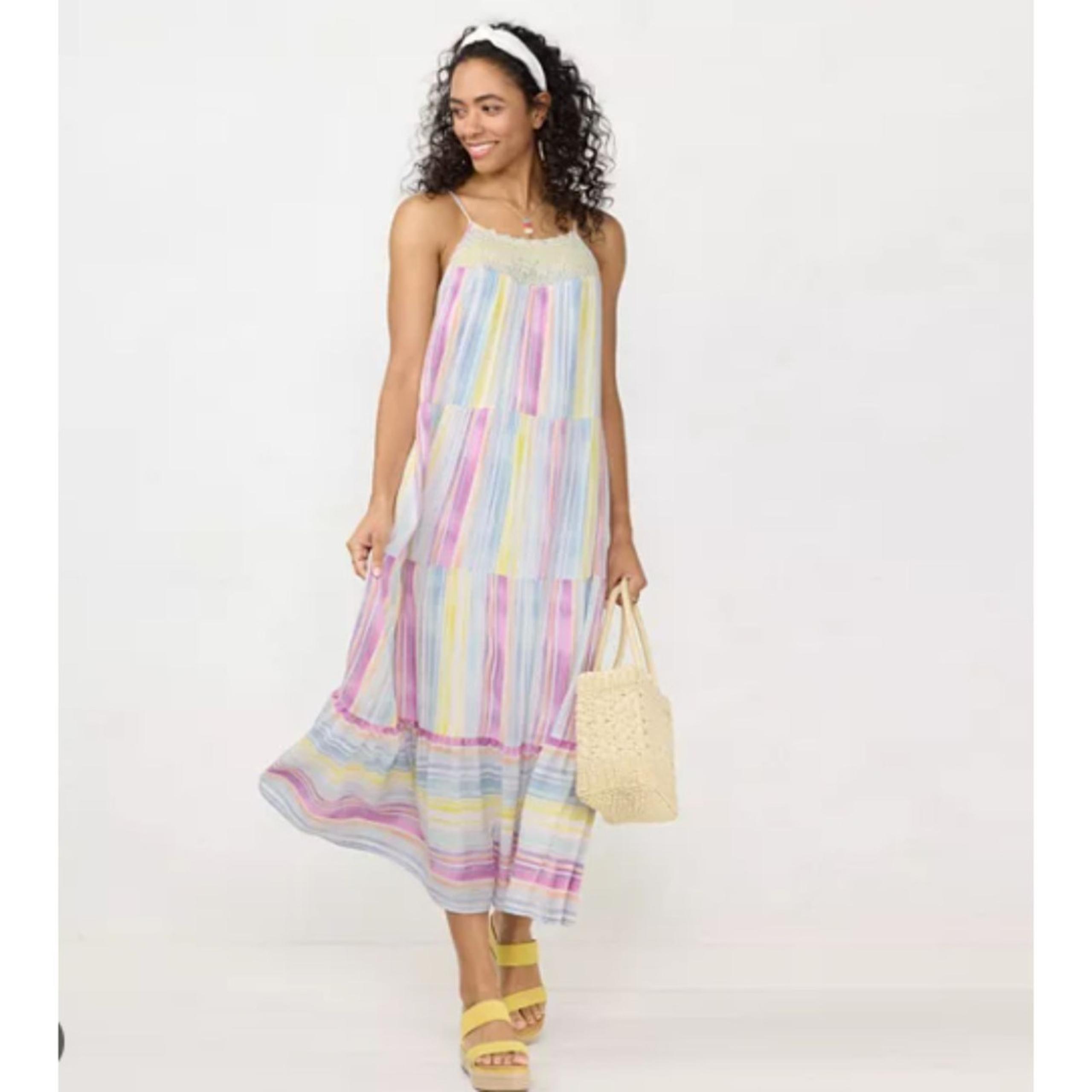 LC Lauren Conrad Crochet-Yoke Tiered Maxi Dress, Pastel, Flowy, Boho, Sz XS