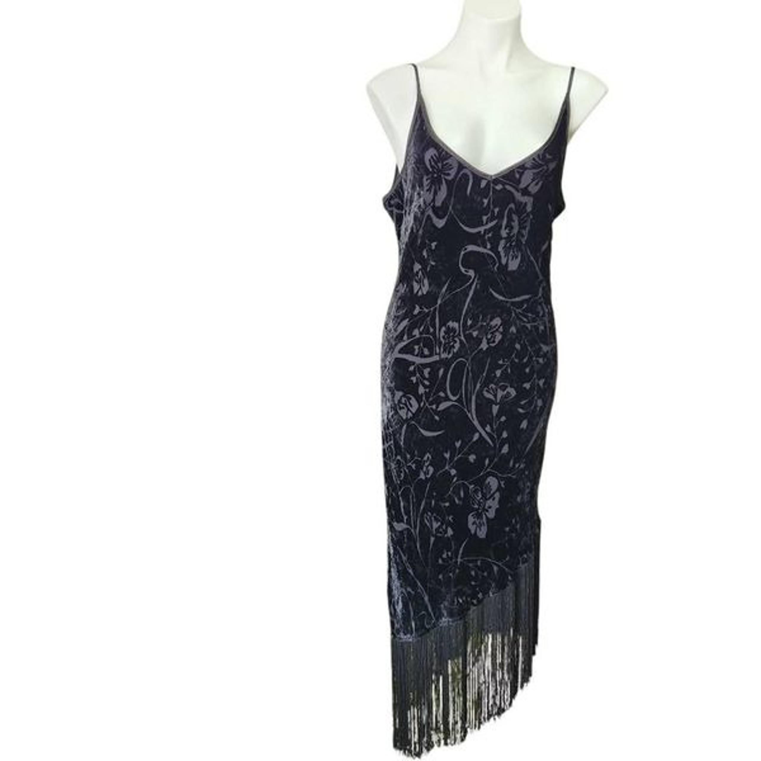 Vintage Robbie Bee dress black floral velvet silk rayon asymmetrical fringe 14P
