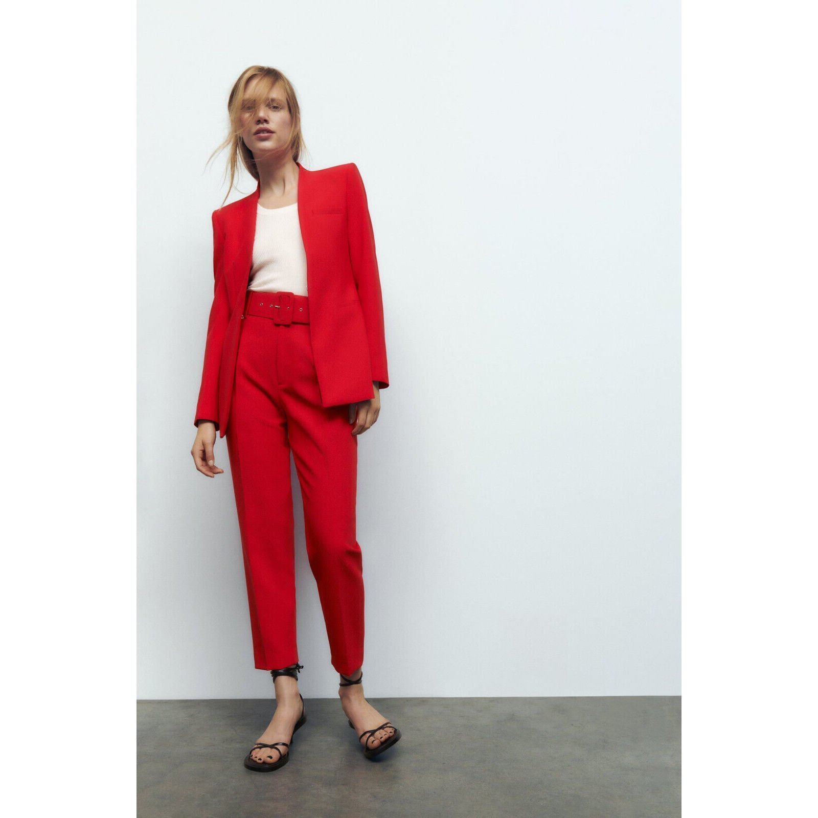 NWT Zara S,M business SUIT SET RED lapelless BLAZER+pants