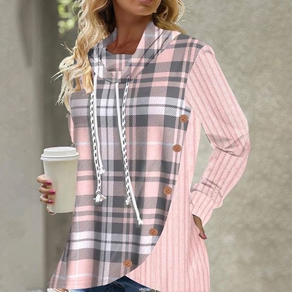 Aderez Pink Geometric CowlNeck Long Sleeve Top Lg