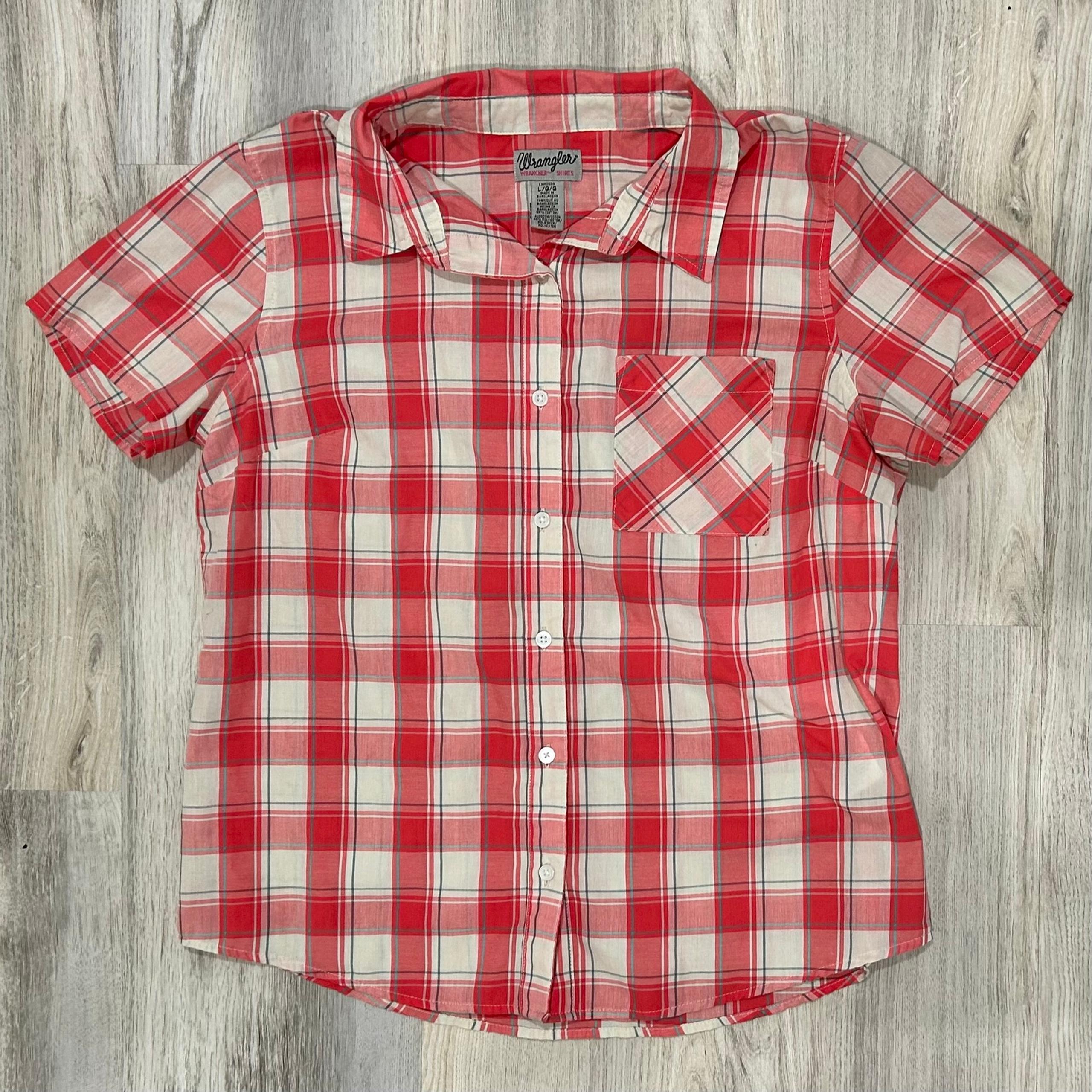 Vintage Wrangler Wrancher Short Sleeve Red Plaid Button Down Collar Shirt Size L
