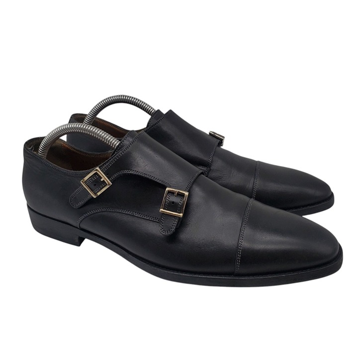 SANTONI Mens Black Leather Cap Toe Double Monk Strap Shoes Size 8.5 D Italy 730