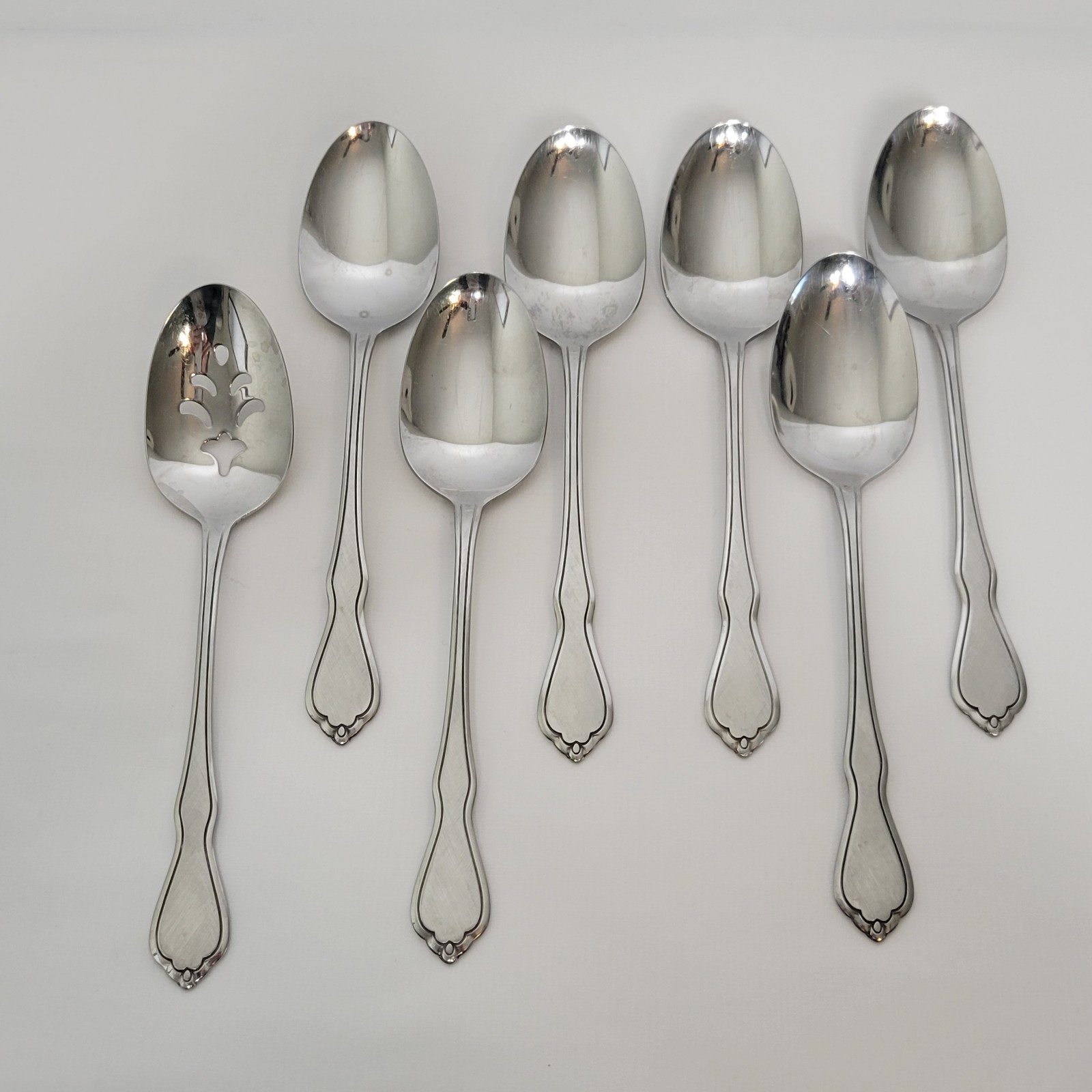 Set of 7 Oneida Trinity Stainless Burnished Handle Serving Spoons Flatware