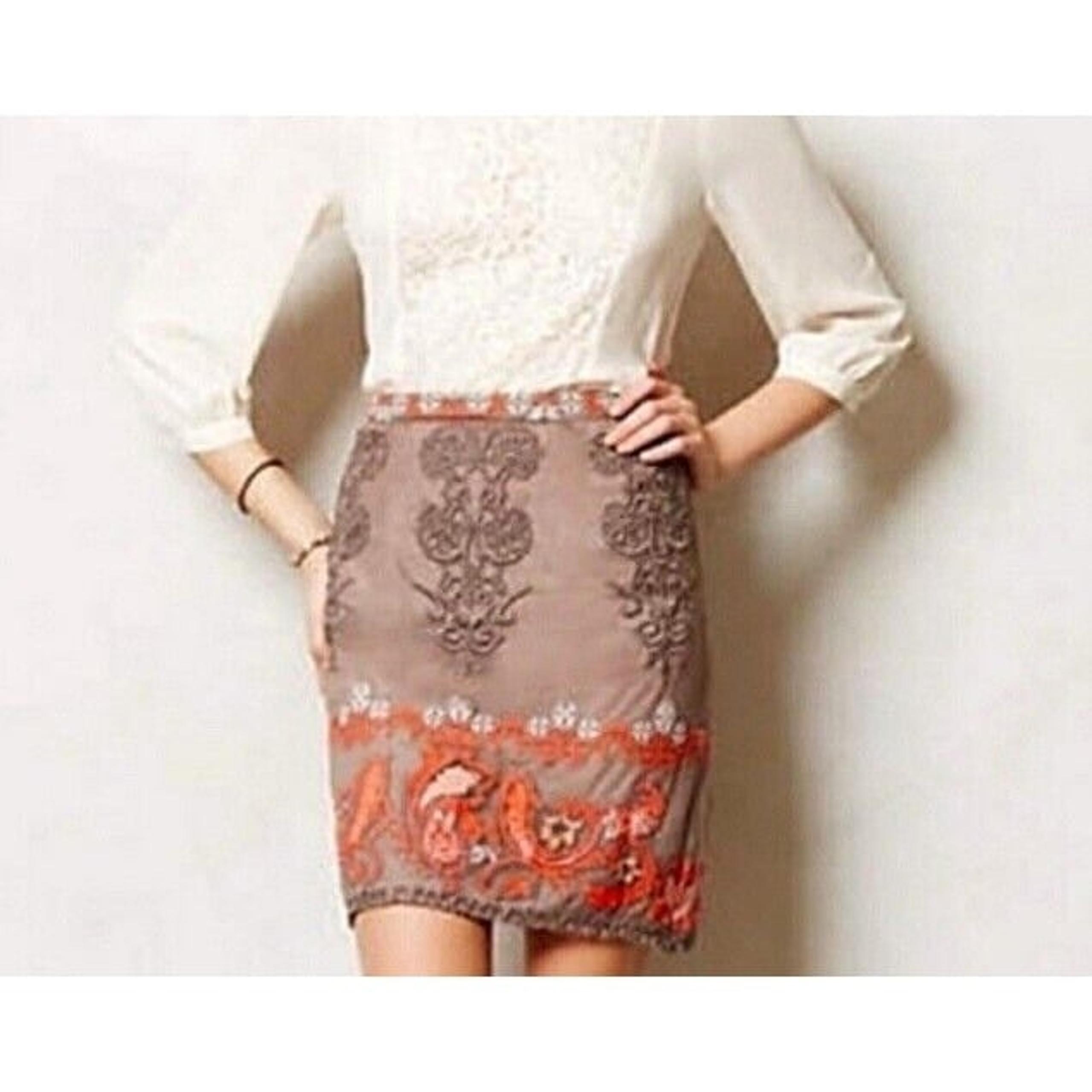 Anthropologie Yoana Baraschi Coffee Orange White Embroidered Skirt Women's SZ 4