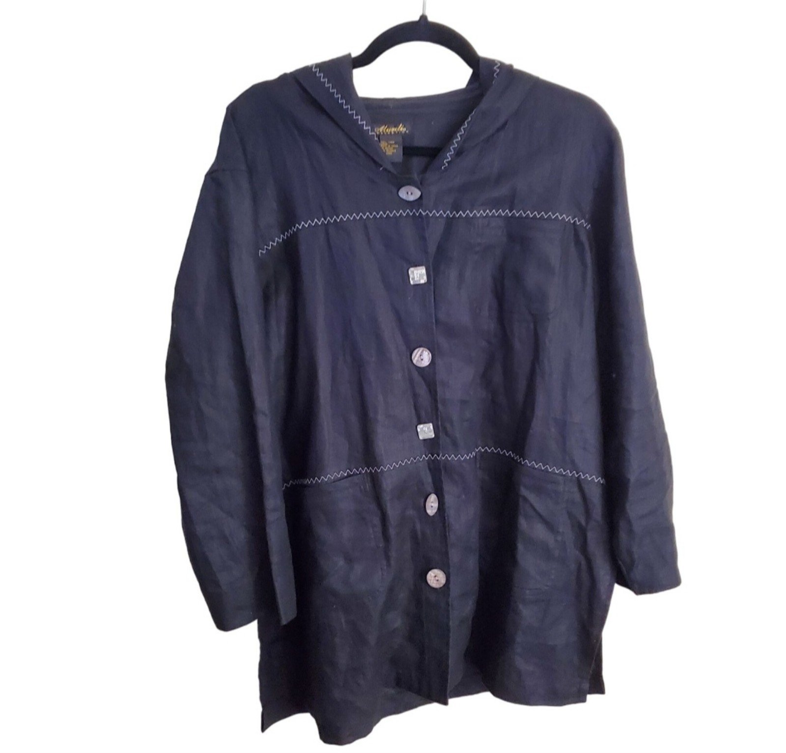 Mureli Collection Vintage Black Linen Lagonlook Hooded Jacket Size L