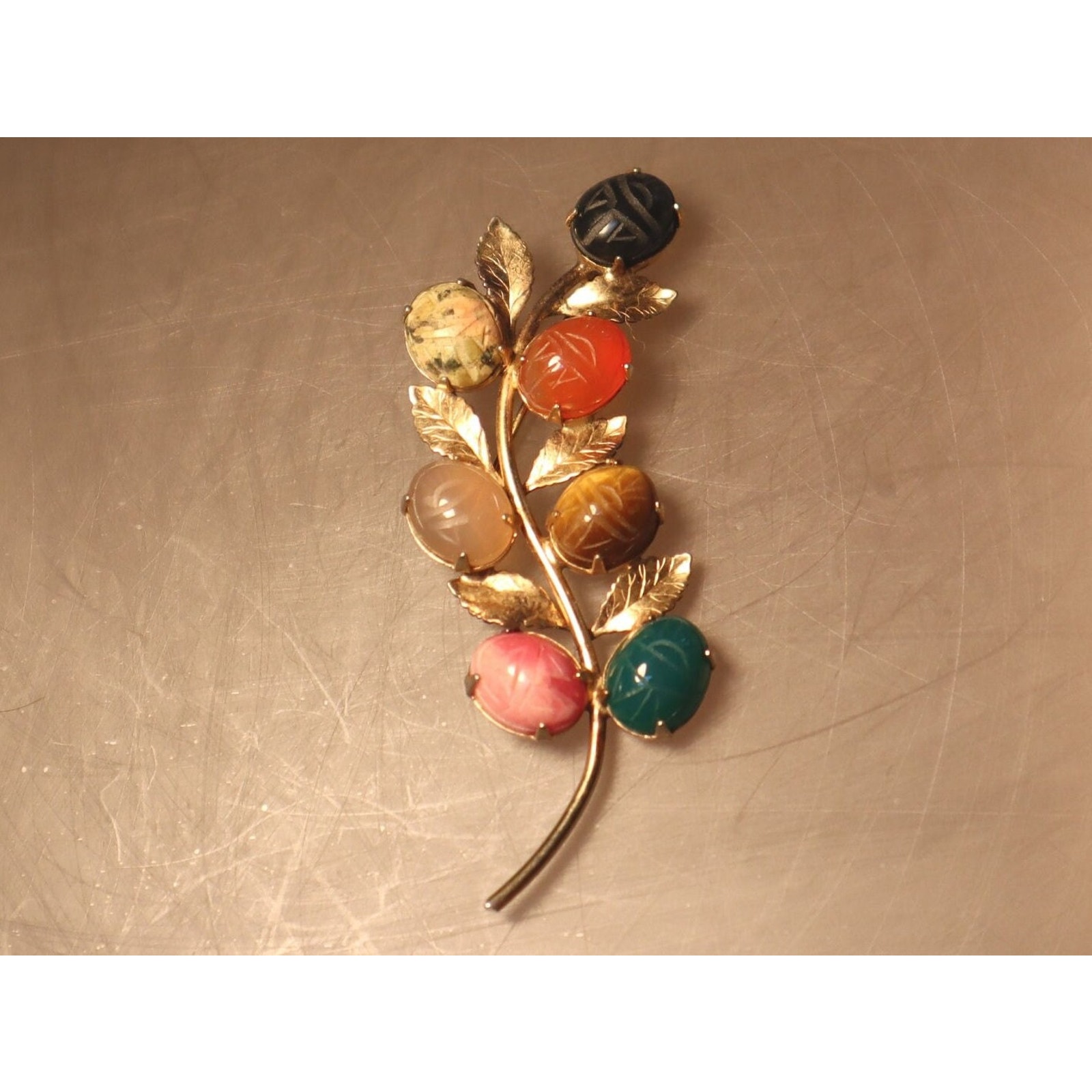 Vintage Scarab Brooch Walter Lampl Carved Stone Flower 7 Scarabs