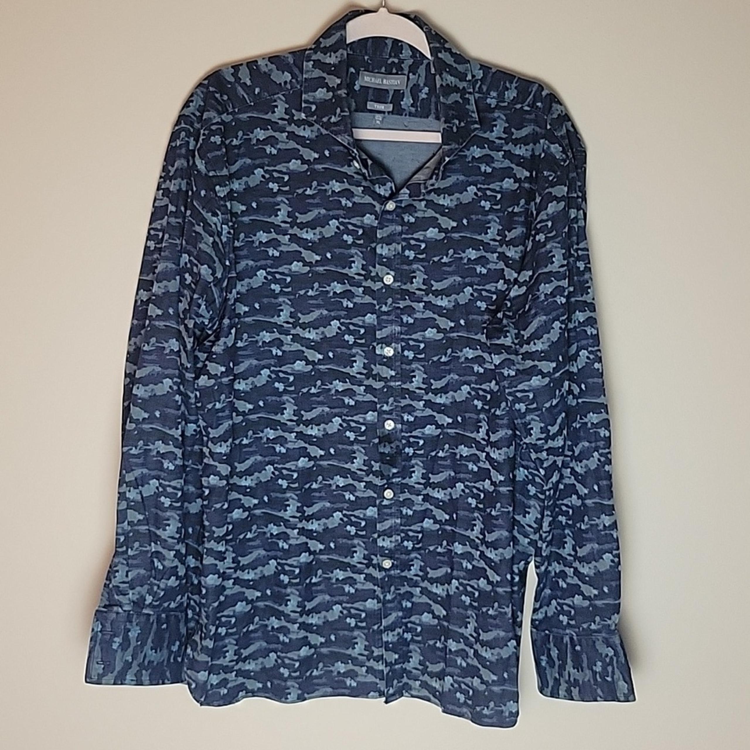 Michael Bastain long sleeve button down shirt blue camo print trim fit mens XL