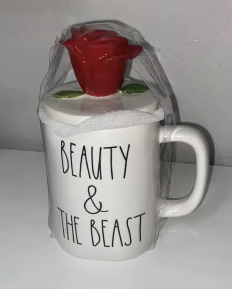 Rae Dunn 2022 Disney Princess Collection Mug “BEAUTY & THE BEAST” Rose Topper