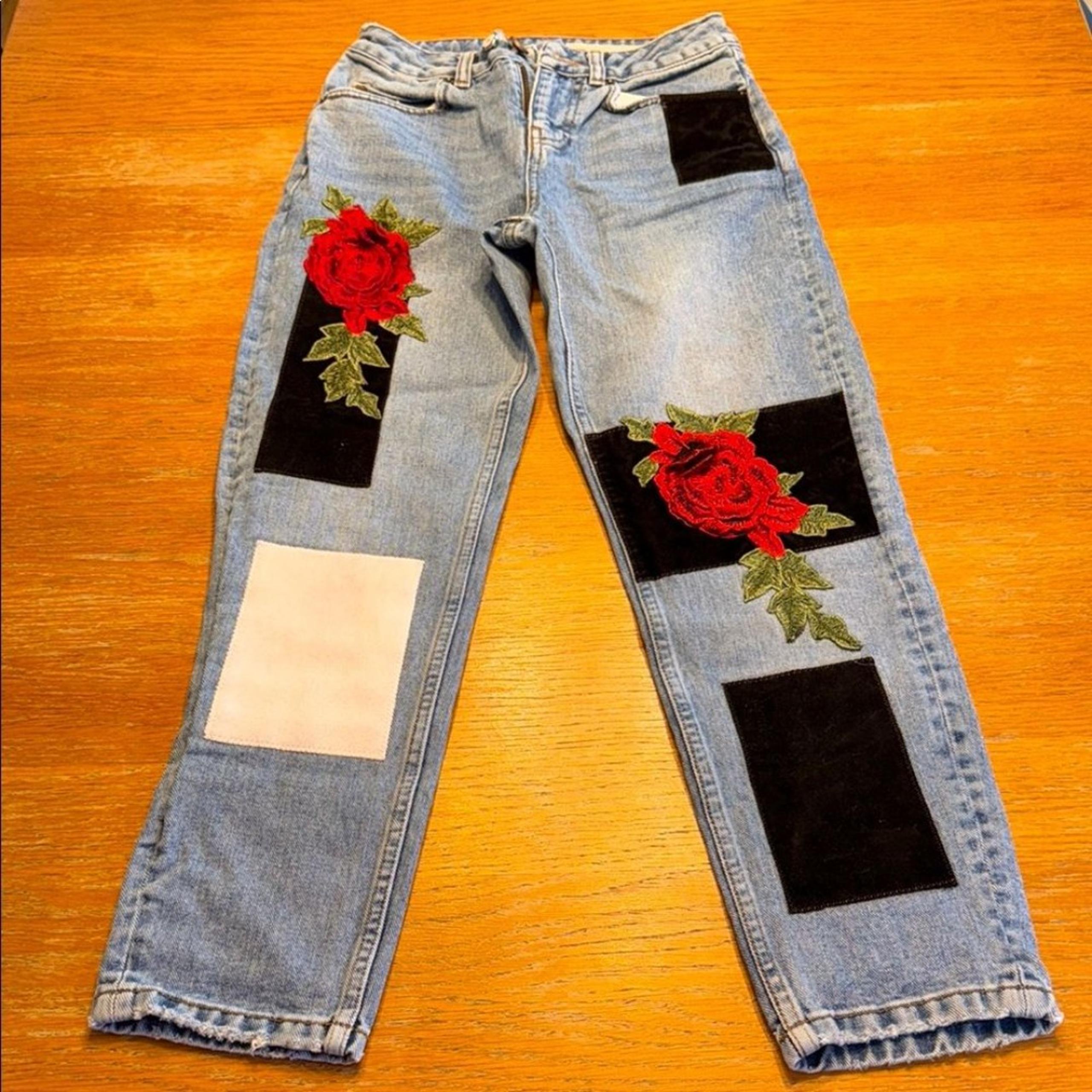 ASOS Straight Leg Blue and Red Jeans with Artistic Patchwork