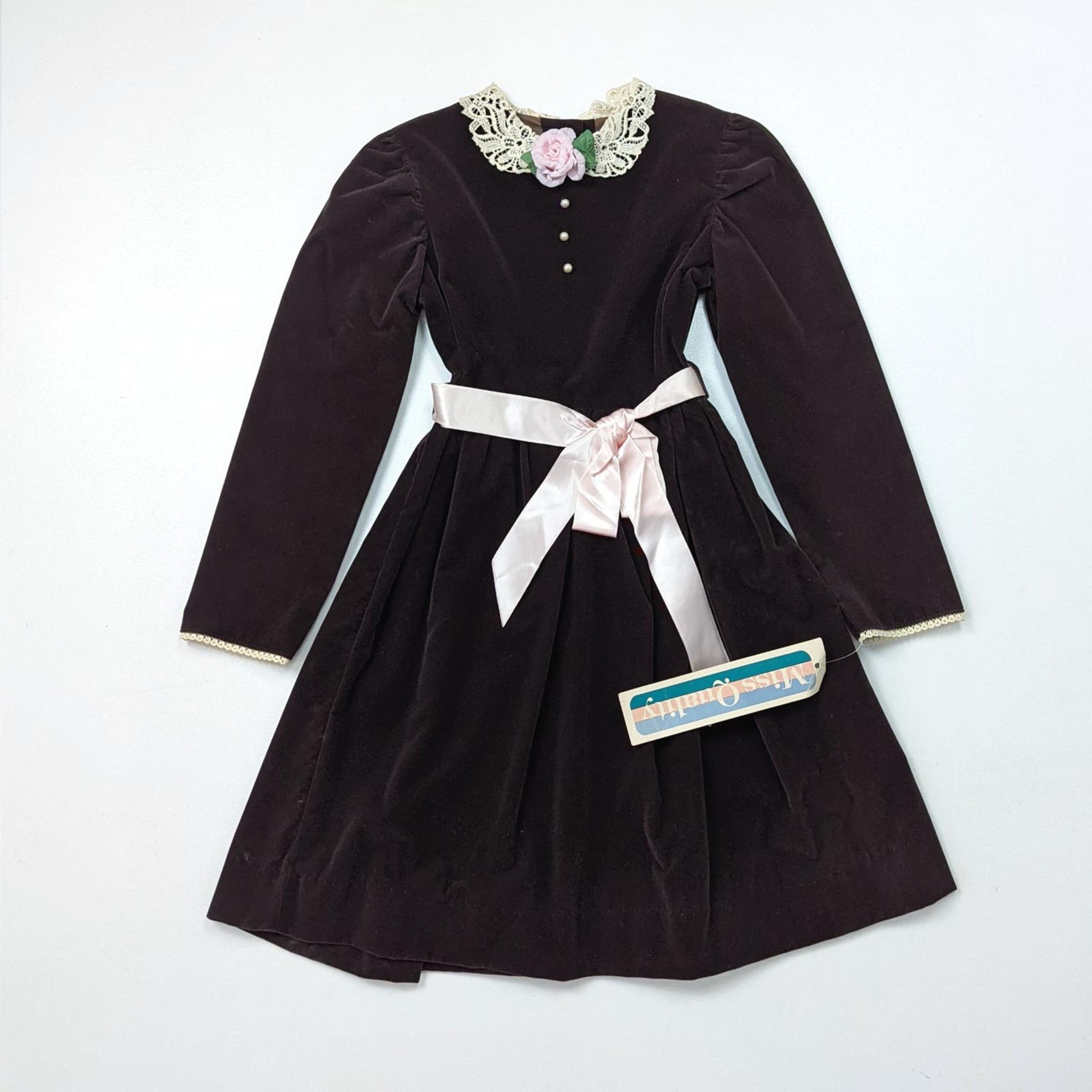 Vintage Miss Quality Dress Girls Size 7 Brown Velvet Party 80s Holiday Christmas