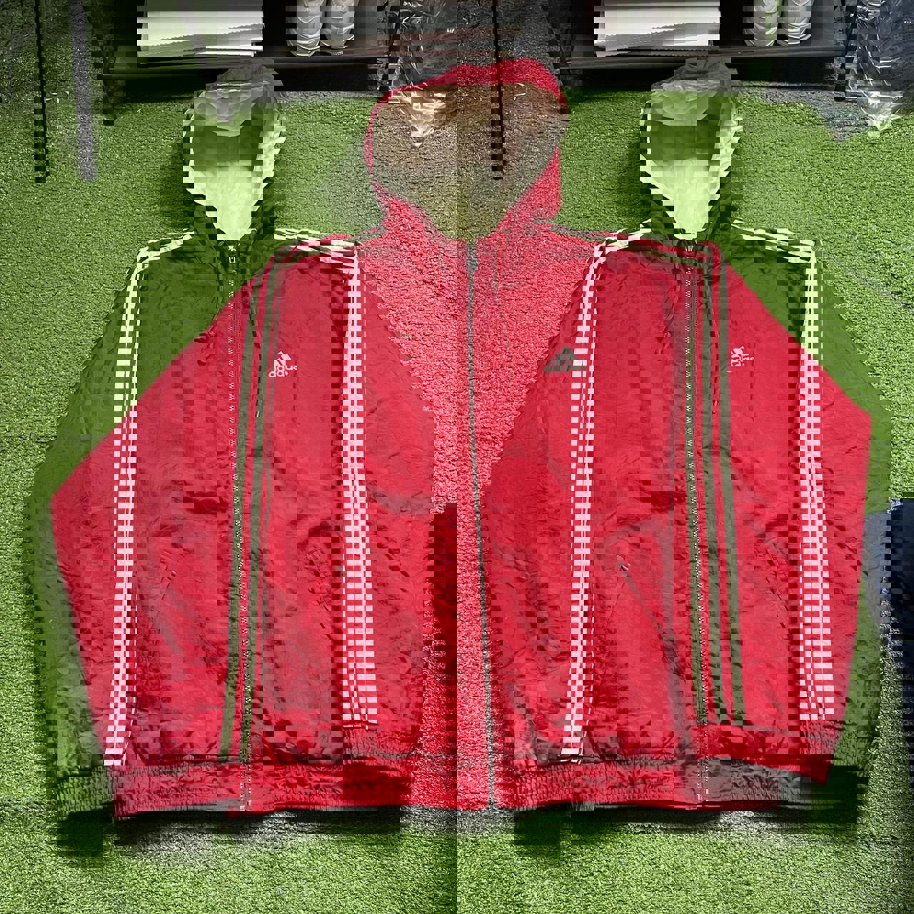 vintage adidas red and white zip up puffer jacket