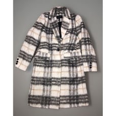 BCBG Max Azria Ivory Grey Plaid Tweed Coat S Fuzzy NEW
