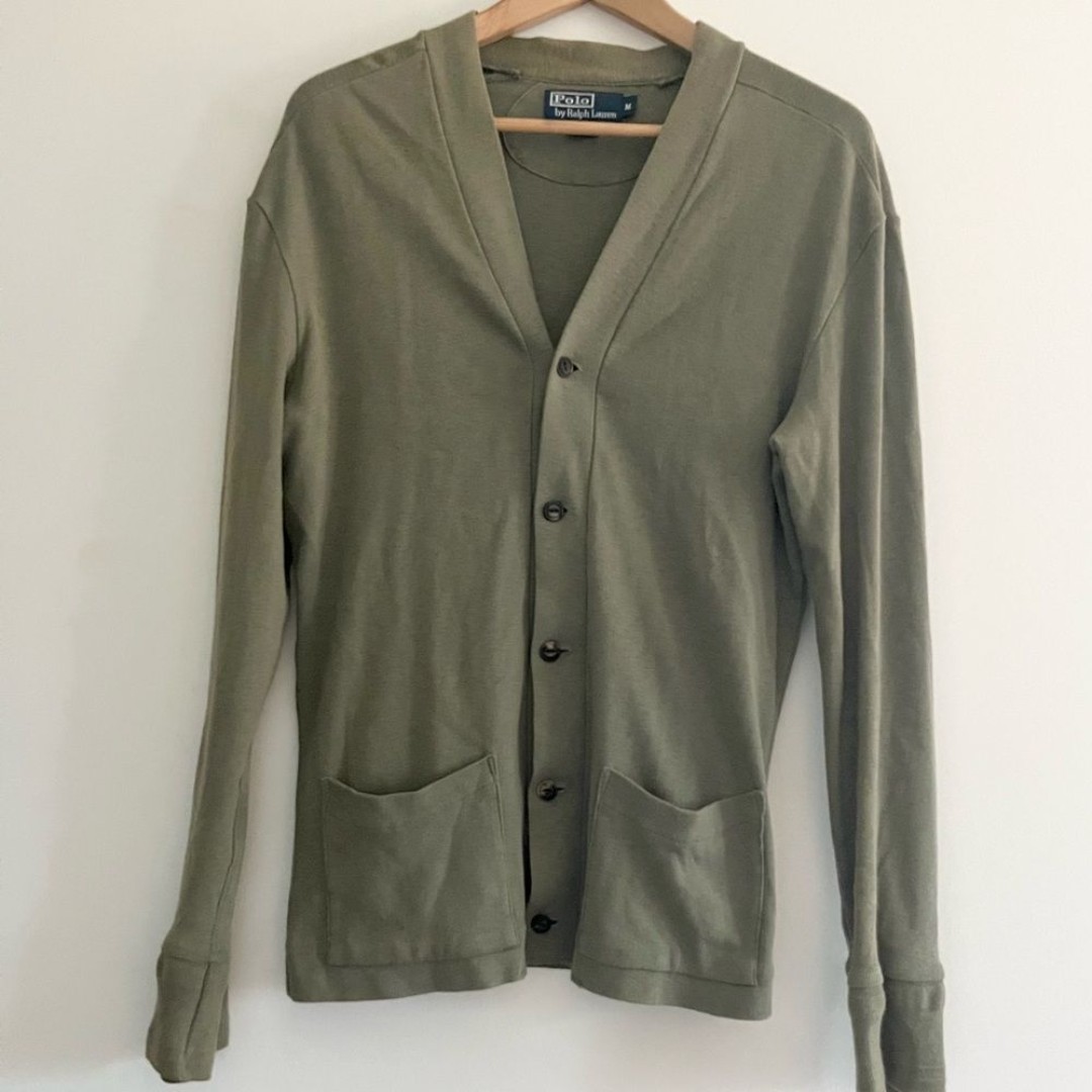 Polo Ralph Lauren 100% Cotton Cardigan Olive Green Mens Medium w V Neck Pockets