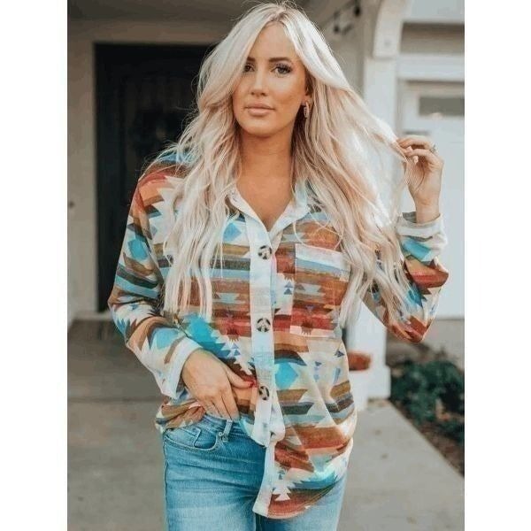 NATIVE TRIBAL PRINT BOHO WESTERN BOTTONED COLLAR SHIRT L & XL
