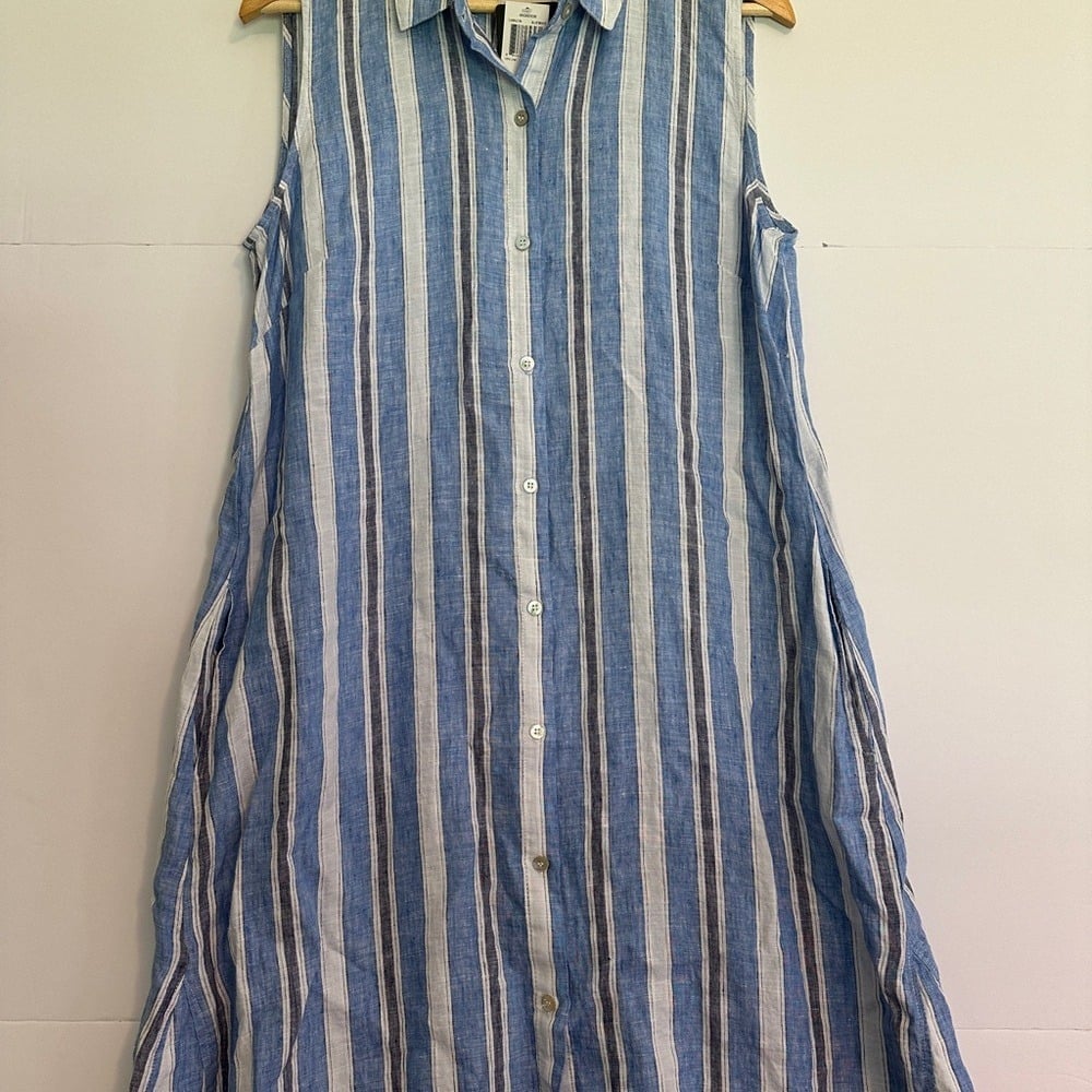 Magaschoni Linen Dress Sleeveless Striped Button Down Casual Blue White L