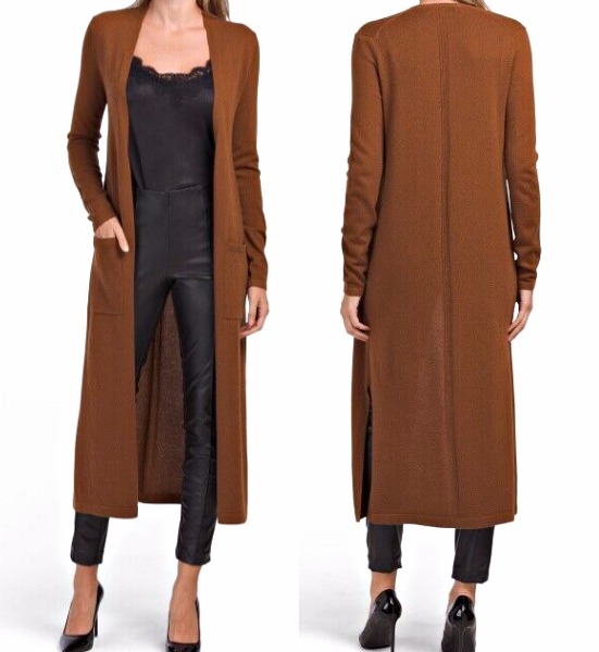 THEORY Torina 49 Long 100% Cashmere Open Front Cardigan In Syrup Brown M 535