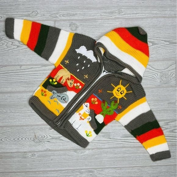 Kids hand made Peruvian Sweater Aplique yarn full zip long sleeve sweater 2-3t