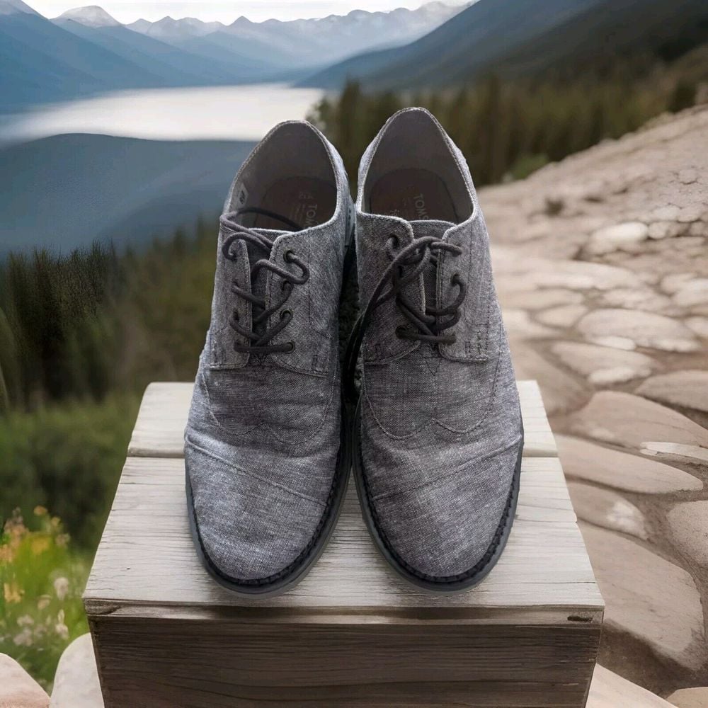 TOMS Men's Brogue Wing Tip 10010869 in Black Gray Slub Chambray Sz 12 Worn once