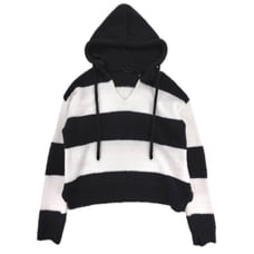 ATM Chenille Bold Stripe Hoodie Sweater Lounge Fuzzy Fleece Black & White Small