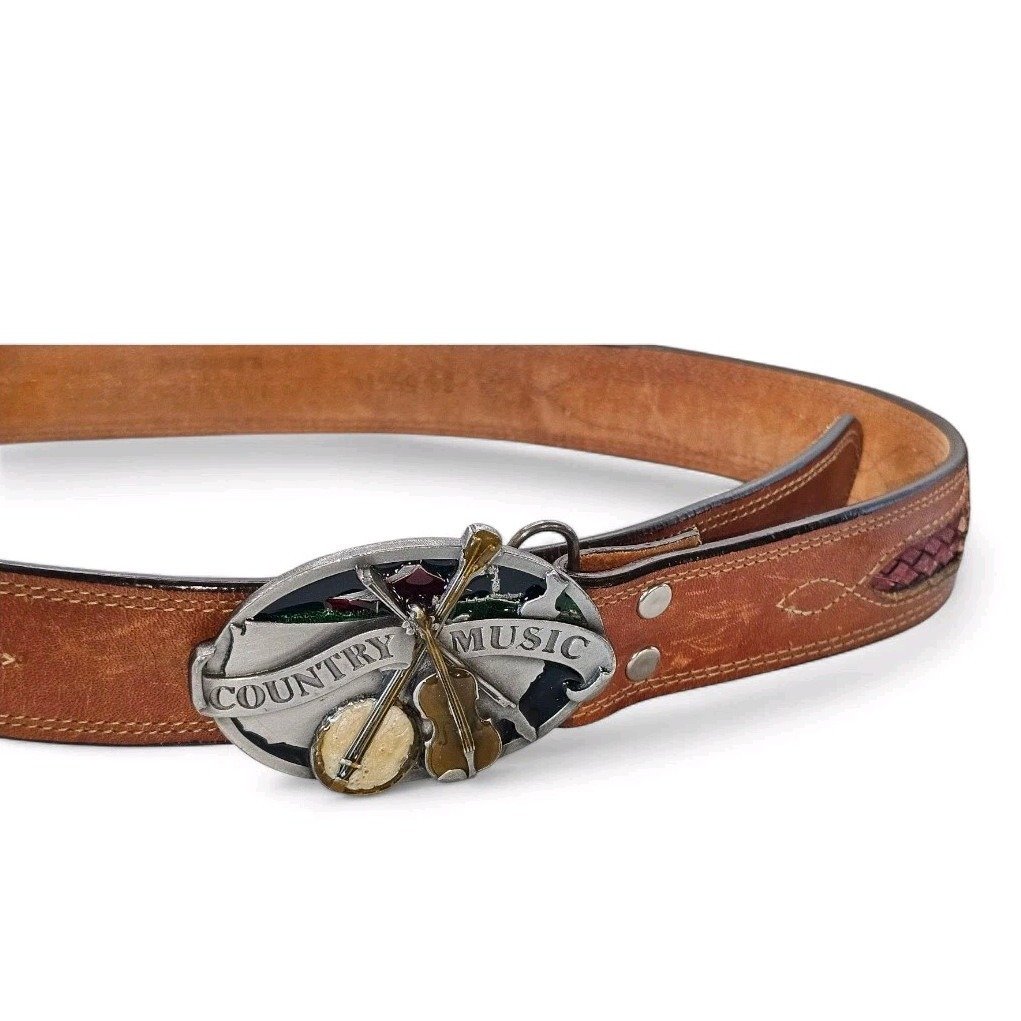 1984 Pewter Country Music Buckle On Leegin 36 Brown Leather Braided Inlay Belt