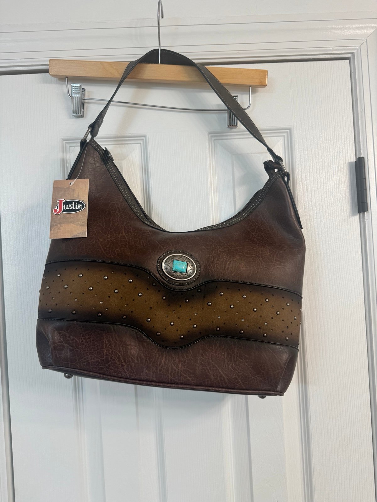 NWTS Beautiful Justin boot hobo purse. Dark brown with turquoise accent.