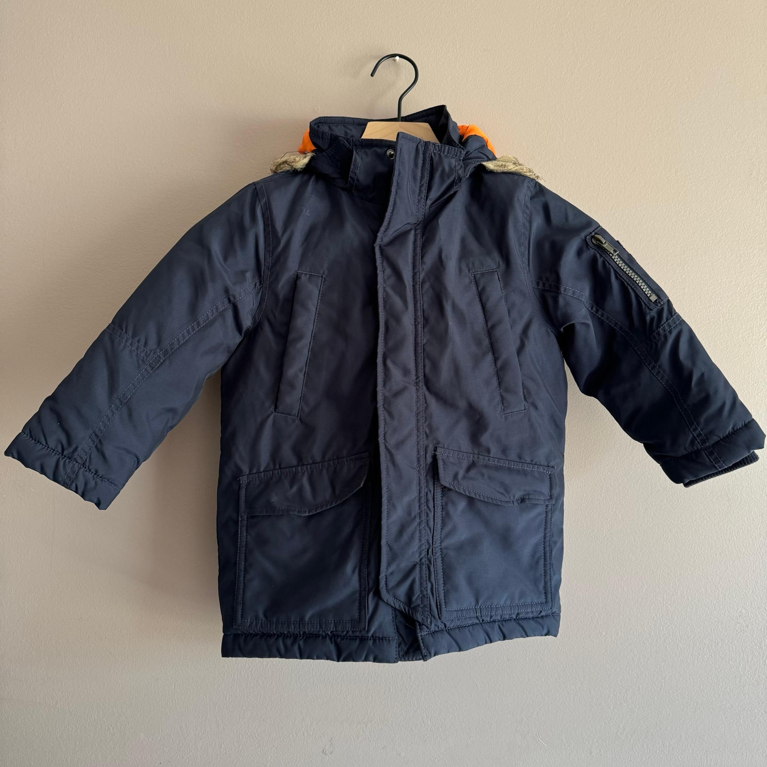 H&M Jacket Boys Size 3 - 4 Dark Blue Parka Faux Fur Trimmed Hood Padded Pockets