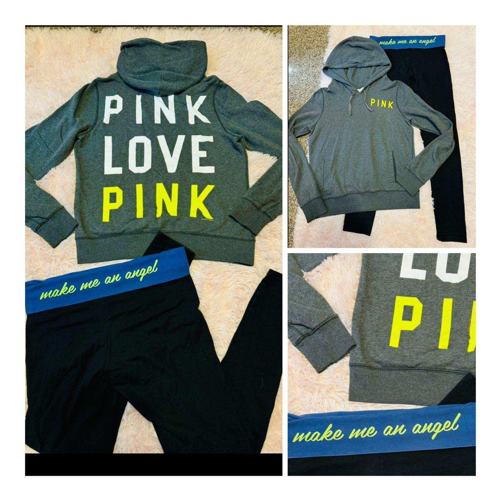 VS PINK vintage fold angel lime neon green yoga legging pant pullover hoodie set