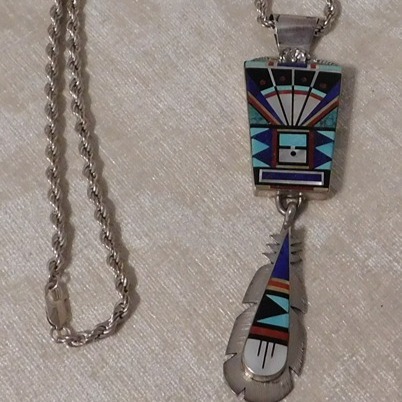 Vintage Zuni Feather Sun Inlay Pendant Necklace Lucy Ricky Vacit