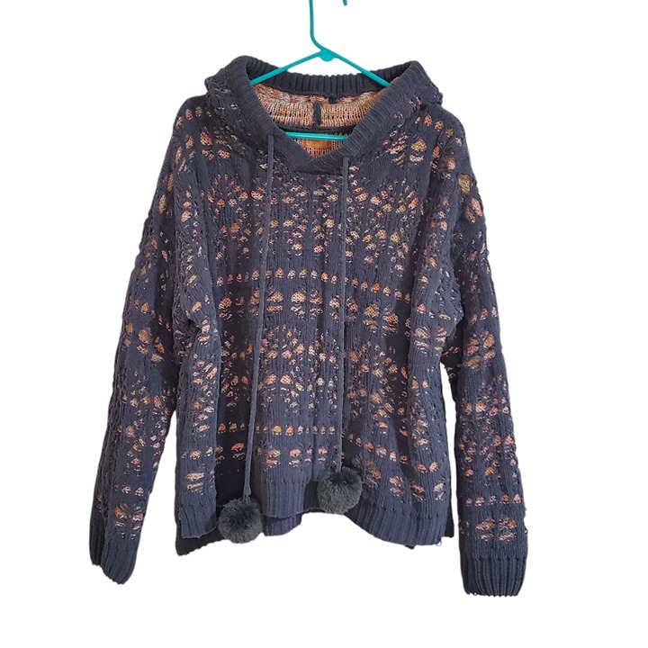 POL Oversized Chenille Pullover Hoodie Sweater Multi Crochet Knit - Small