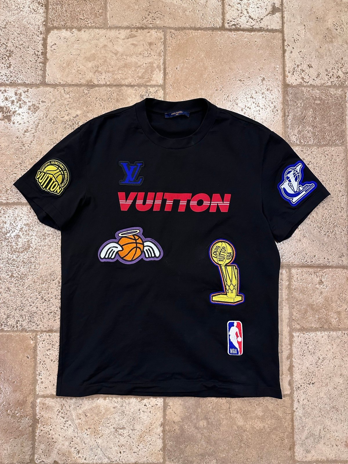 Louis Vuitton x NBA x Virgil LV Embroidered Patch Multi Logo Black Tee
