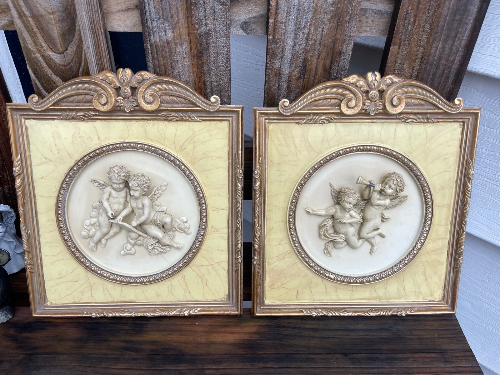 Vintage Set of Relief Moulded Plague Two Cherub Angels Wall Hanging Wall Art
