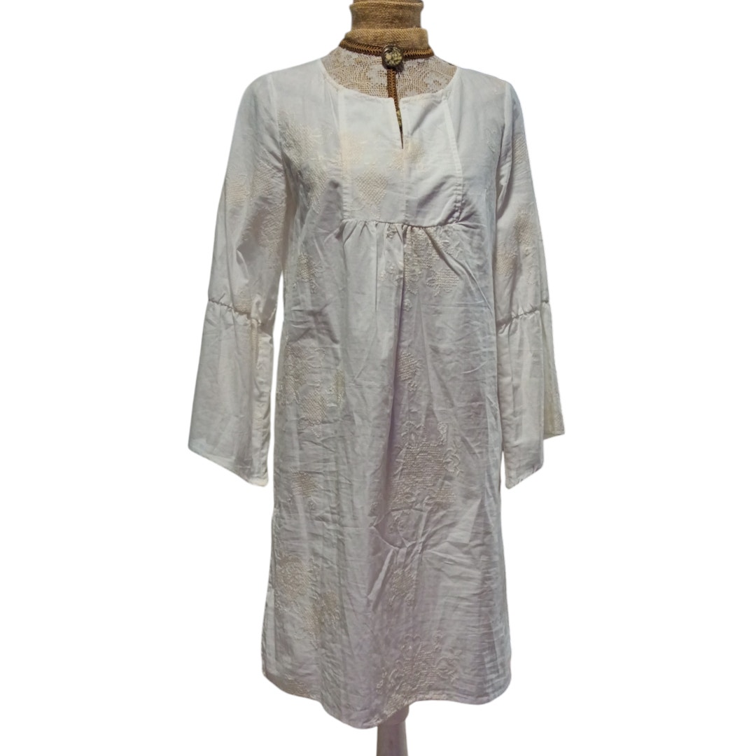 Iris & Ink White Cotton Blouson Bell Sleeve Midi Dress Size 10 t078