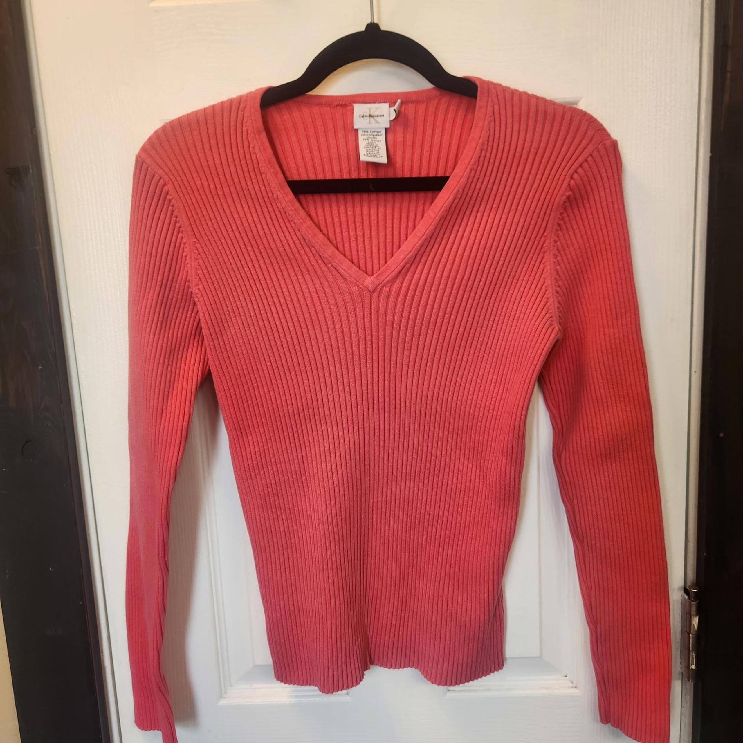 Calvin Klein Vintage Women's Ribbed Coral V-Neck Sweater Size Large Winter 90s