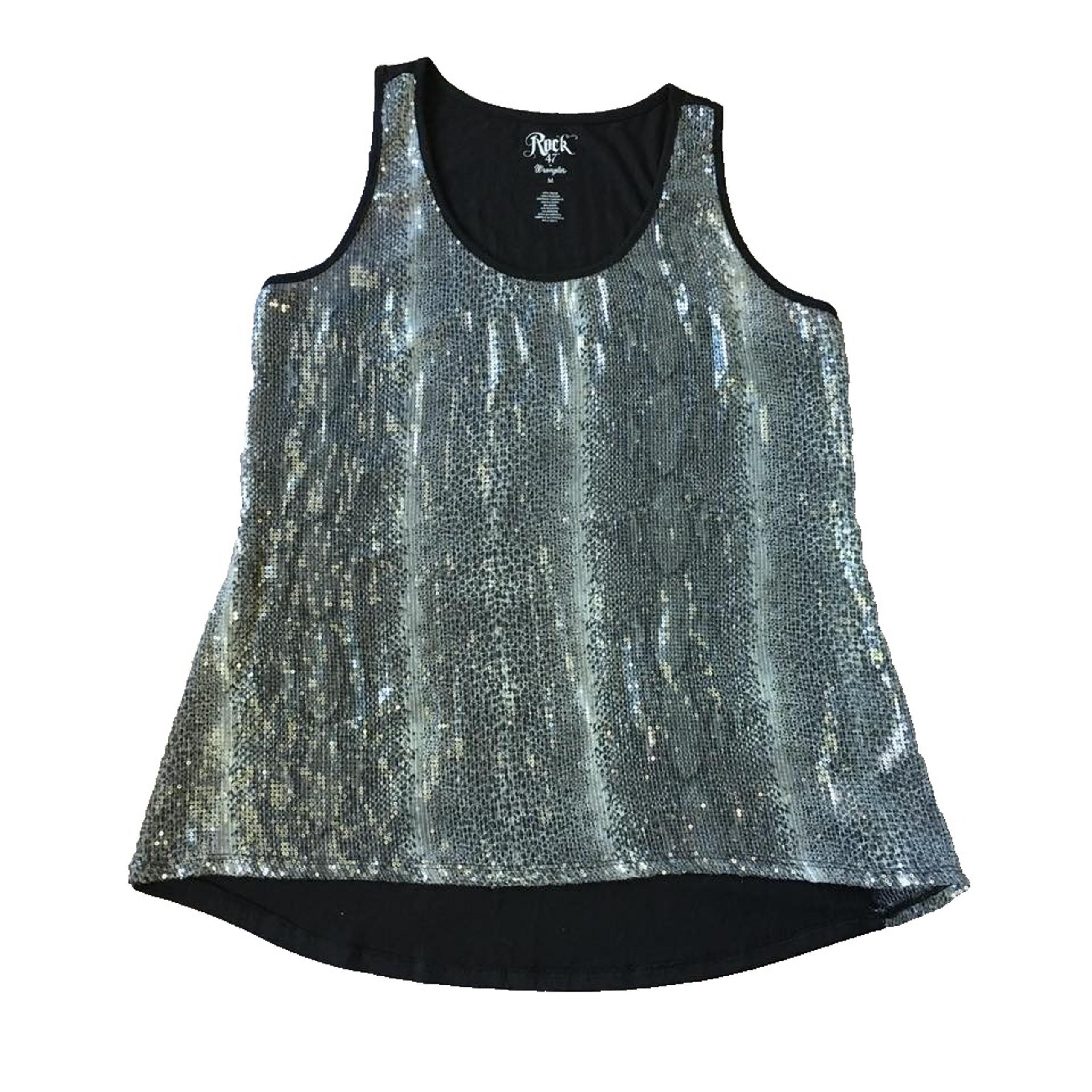 Wrangler Sequin Tank Top Women M 8 10 Rock 47 Sheer Sleeveless Rodeo Cowgirl