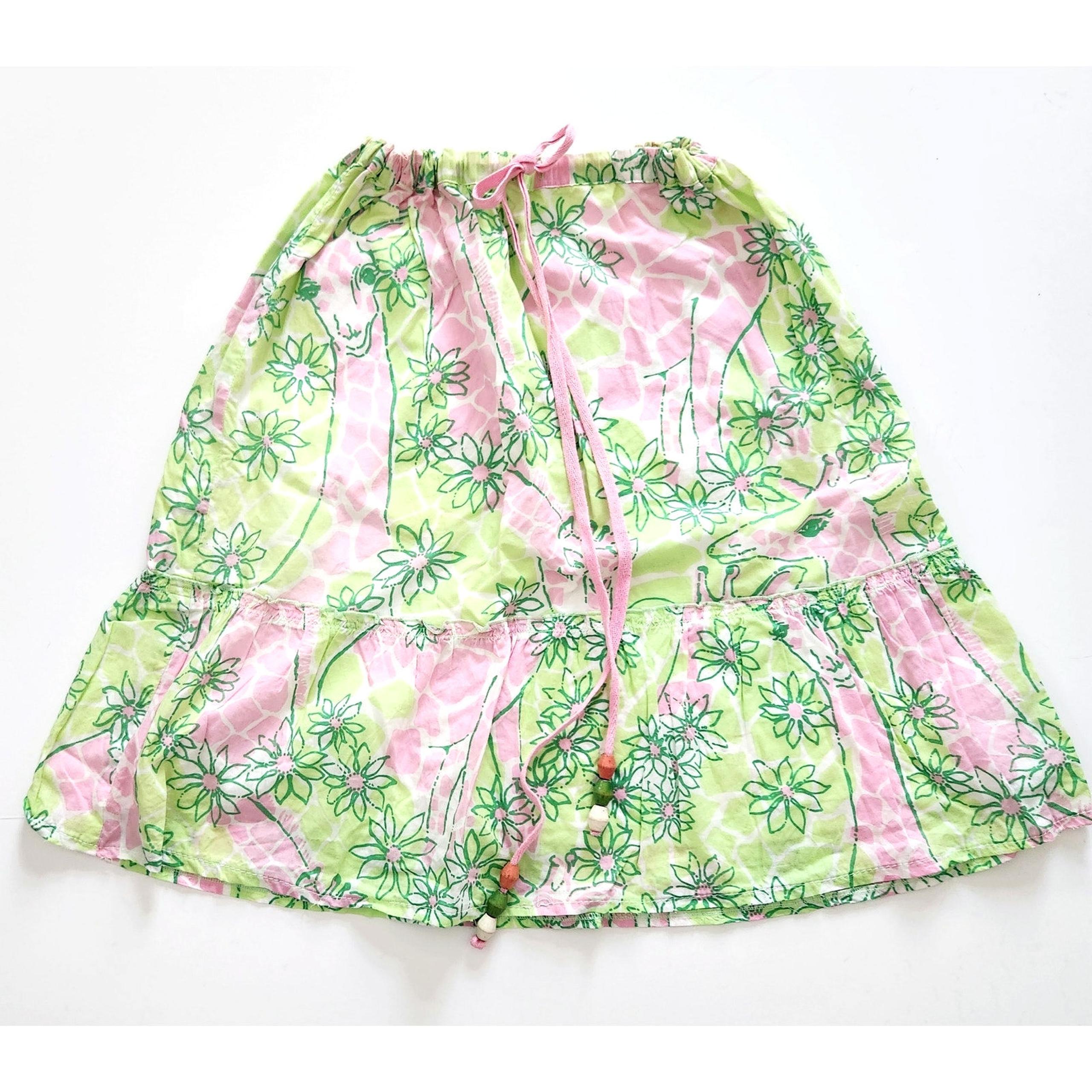 Lilly Pulitzer Vintage 1990s Green & Pink Giraffe Beaded Drawstring Skirt Size S