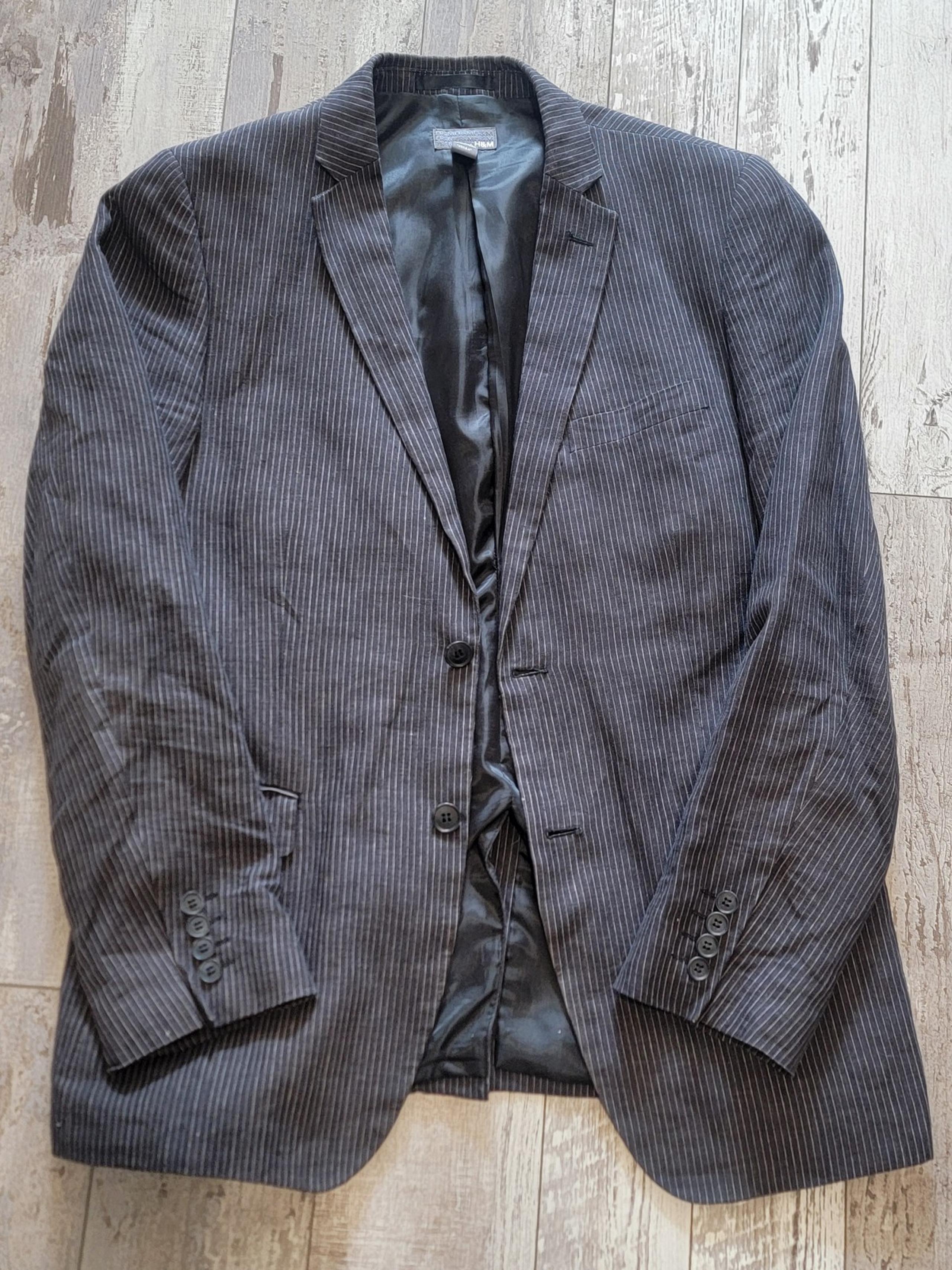 40R Men's H&M 100% Linen Blazer Charcoal Gray Striped 2 Button Summer Sport Coat