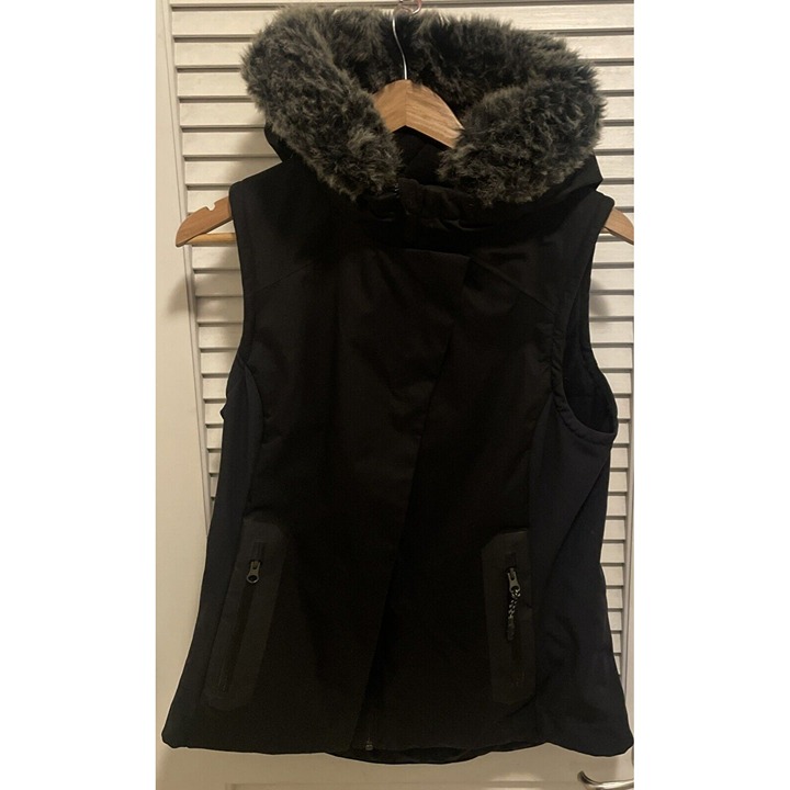 Women's SWEATY BETTY Black Vest Jacket Fur Trim Hoodie Fleece Lined Size M