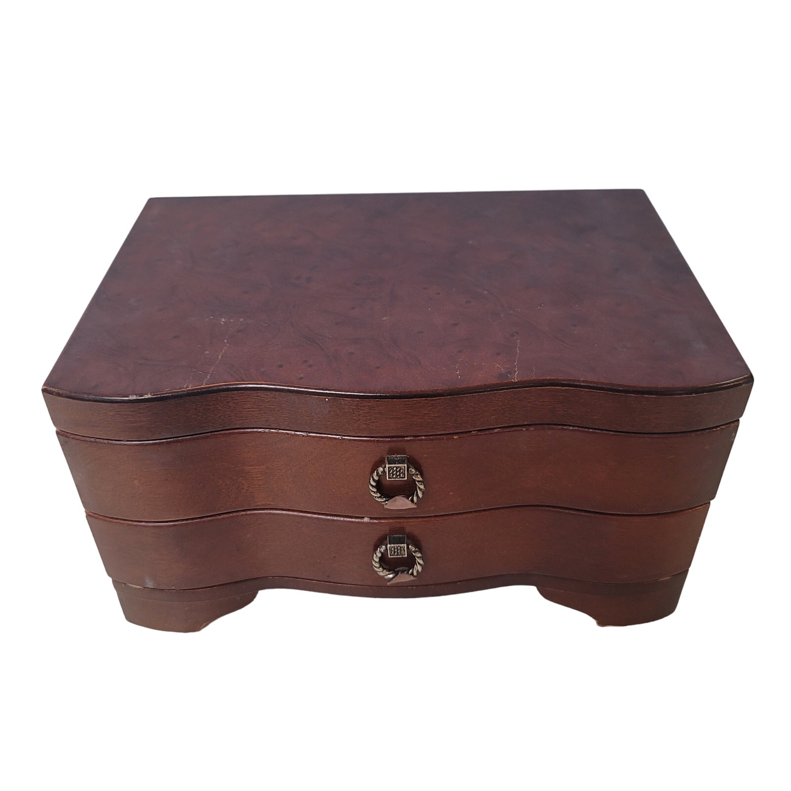 Vintage Burl wood jewelry box Rings necklace cufflinks 2 Compartment Vanity