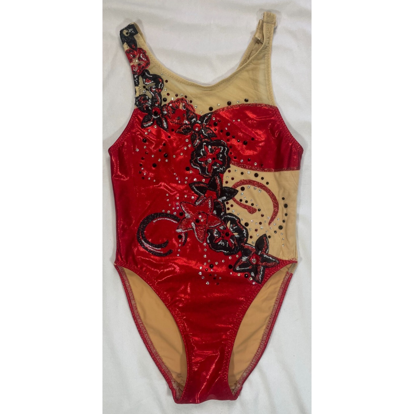 Red Rhinestone Dance Gymnastics Costume Y L/XL or A XS Adjustable Strap Floral