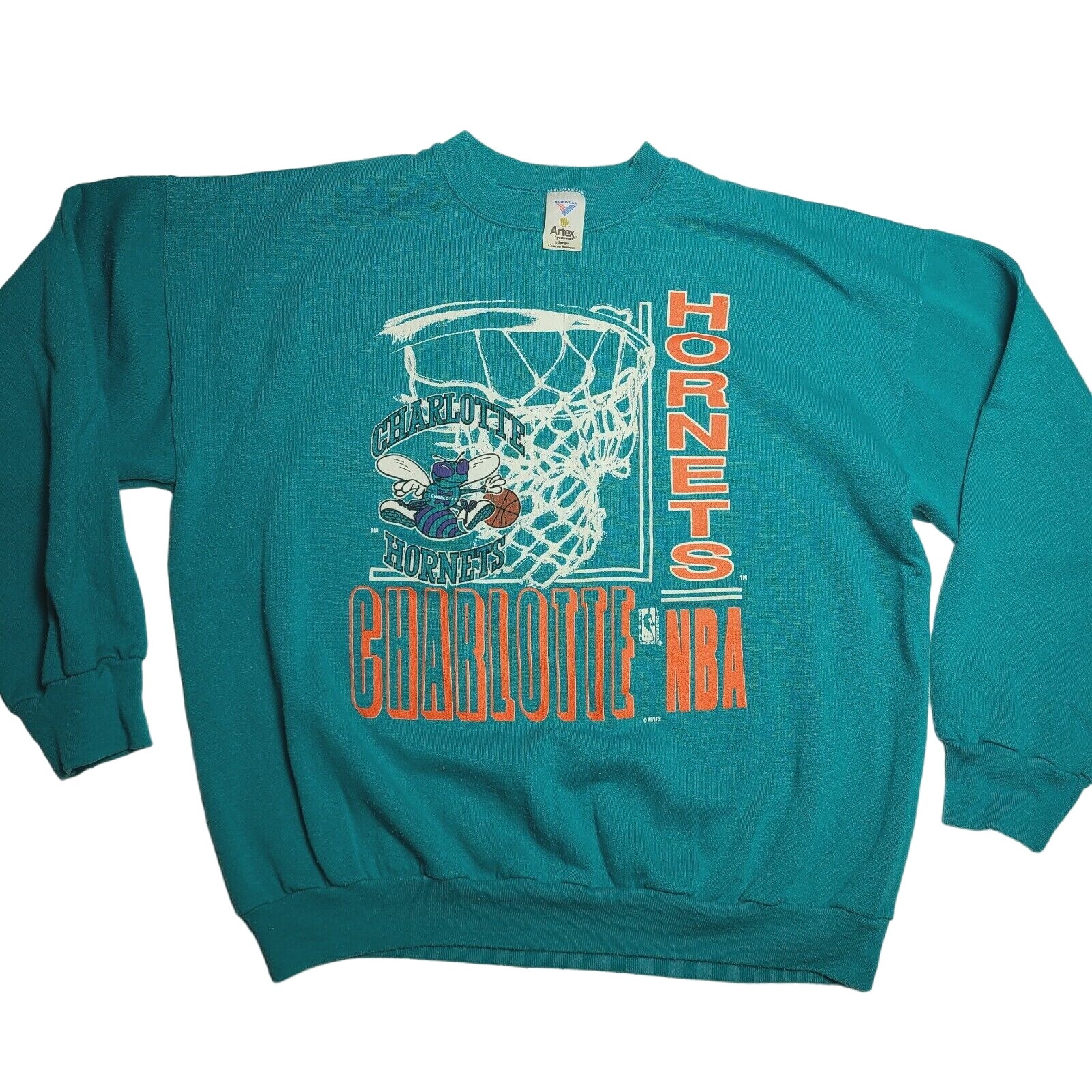 Vintage Artex Charlotte Hornets Crewneck Pullover Sweatshirt Mens X-Large Aqua