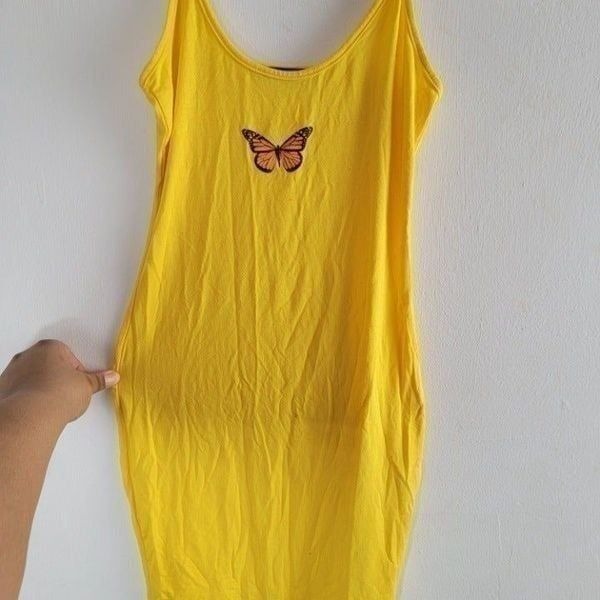 Shein Womens Yellow Butterfly Spaghetti Strap Scoop Neck Bodycon Dress Size S