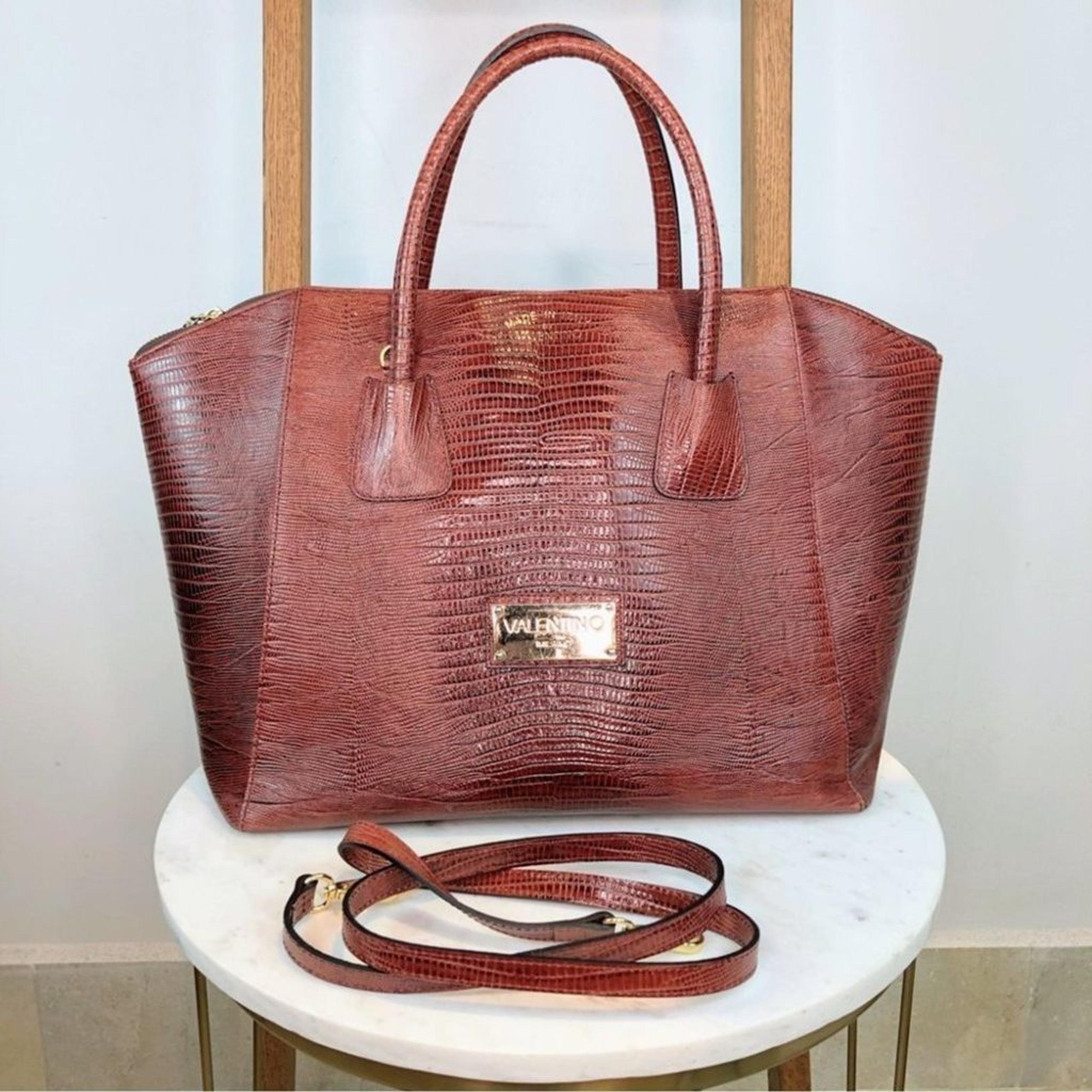 Vtg Valentino Milano brown reptile leather satchel with crossbody shoulder strap