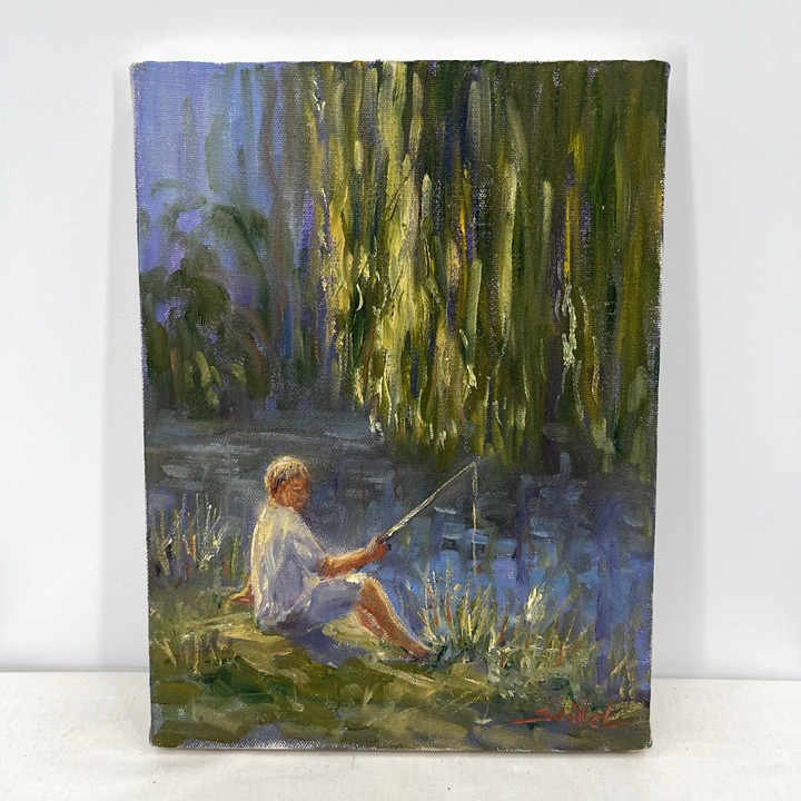 Original Artwork Study 9”x12” Oil On Canvas Fishing Boy Tadeusz Seidel