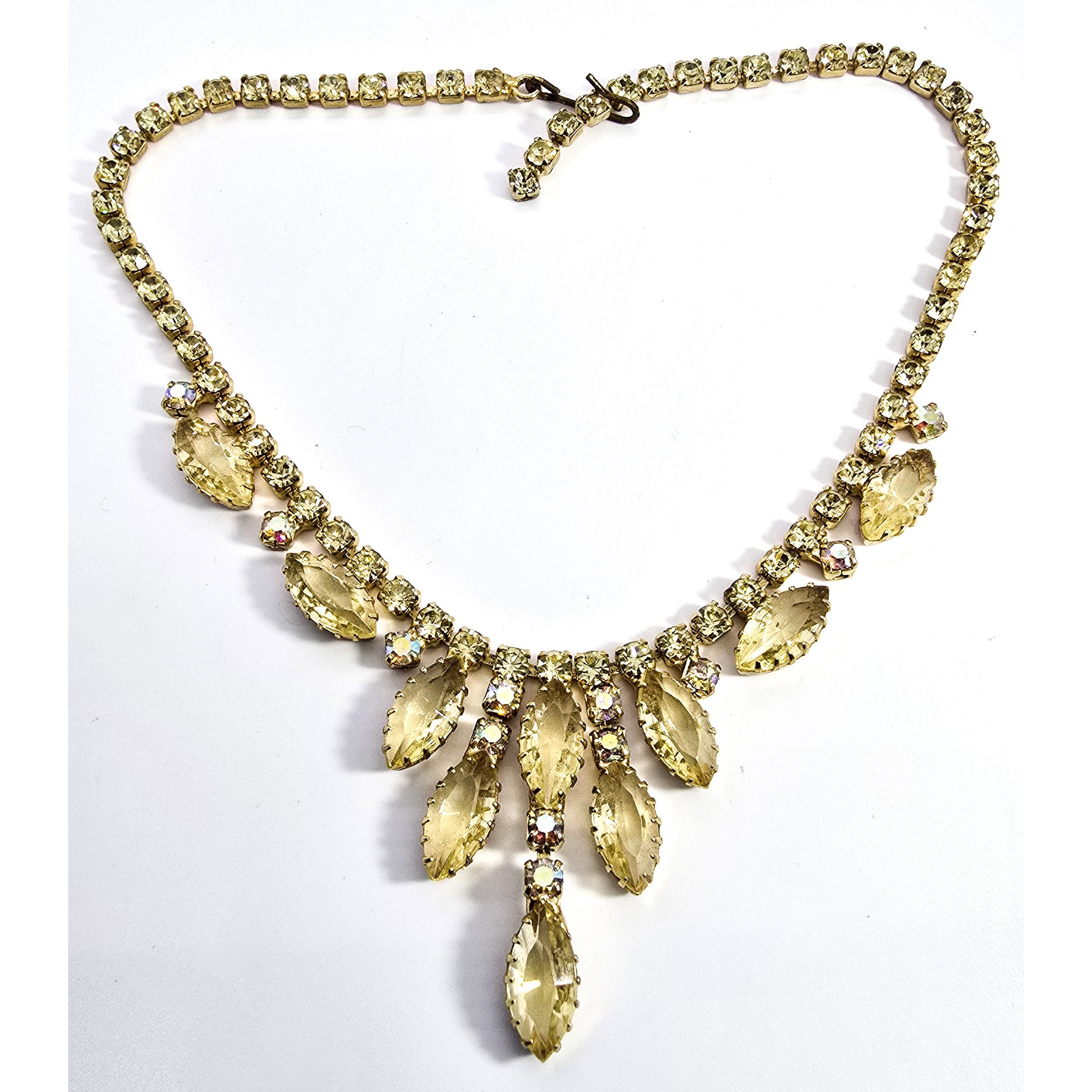 Jonquil yellow rhinestone AB Aurora Borealis prong set rhinestone statement nec