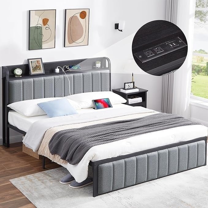 Full Bed Frame, Storage Upholstered Headboard (Free delivery)