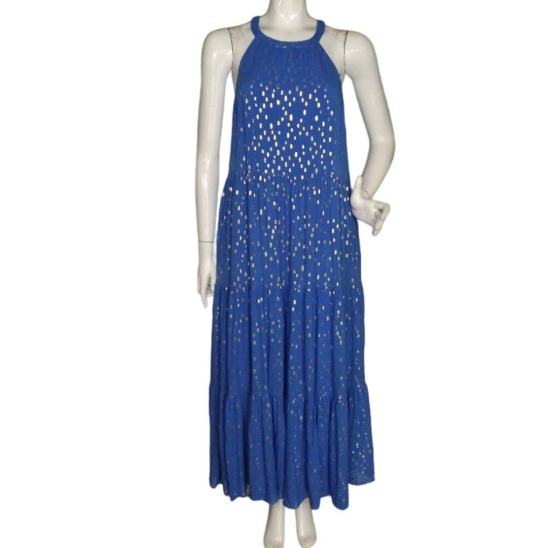 LILLY PULITZER Maxi Dress, M, Blue/Silver metallic Spots, Sleeveless, Keyhole