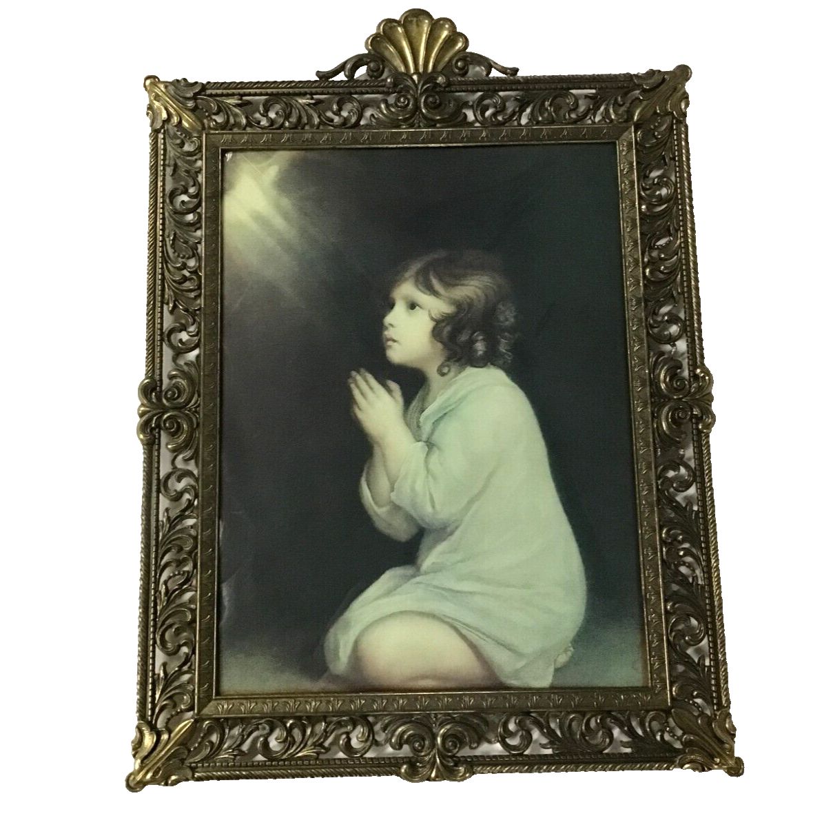 HOMCO Brass Framed Convex Glass Praying Girl Art 22x16 Made in Italy
