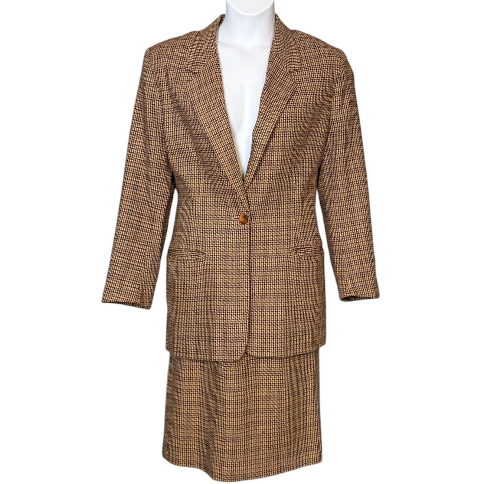 Vintage Joan Leslie Career Suit Houndstooth Pencil Skirt Hipster Blazer Size 14